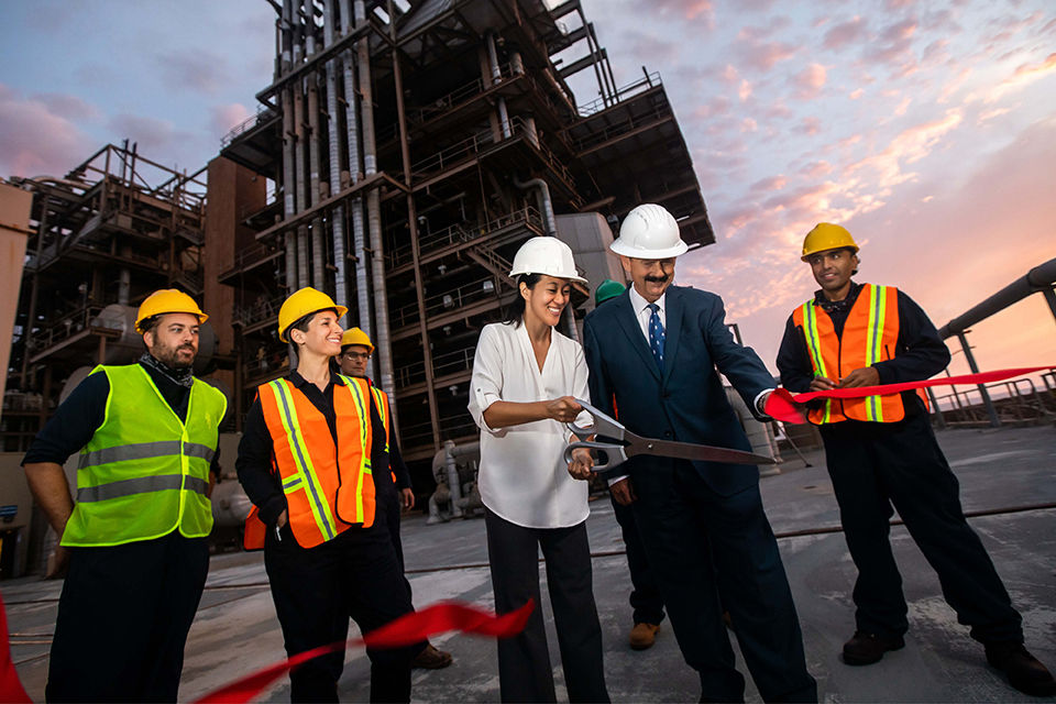 Ribbon cutting ceremony at an industrial facility